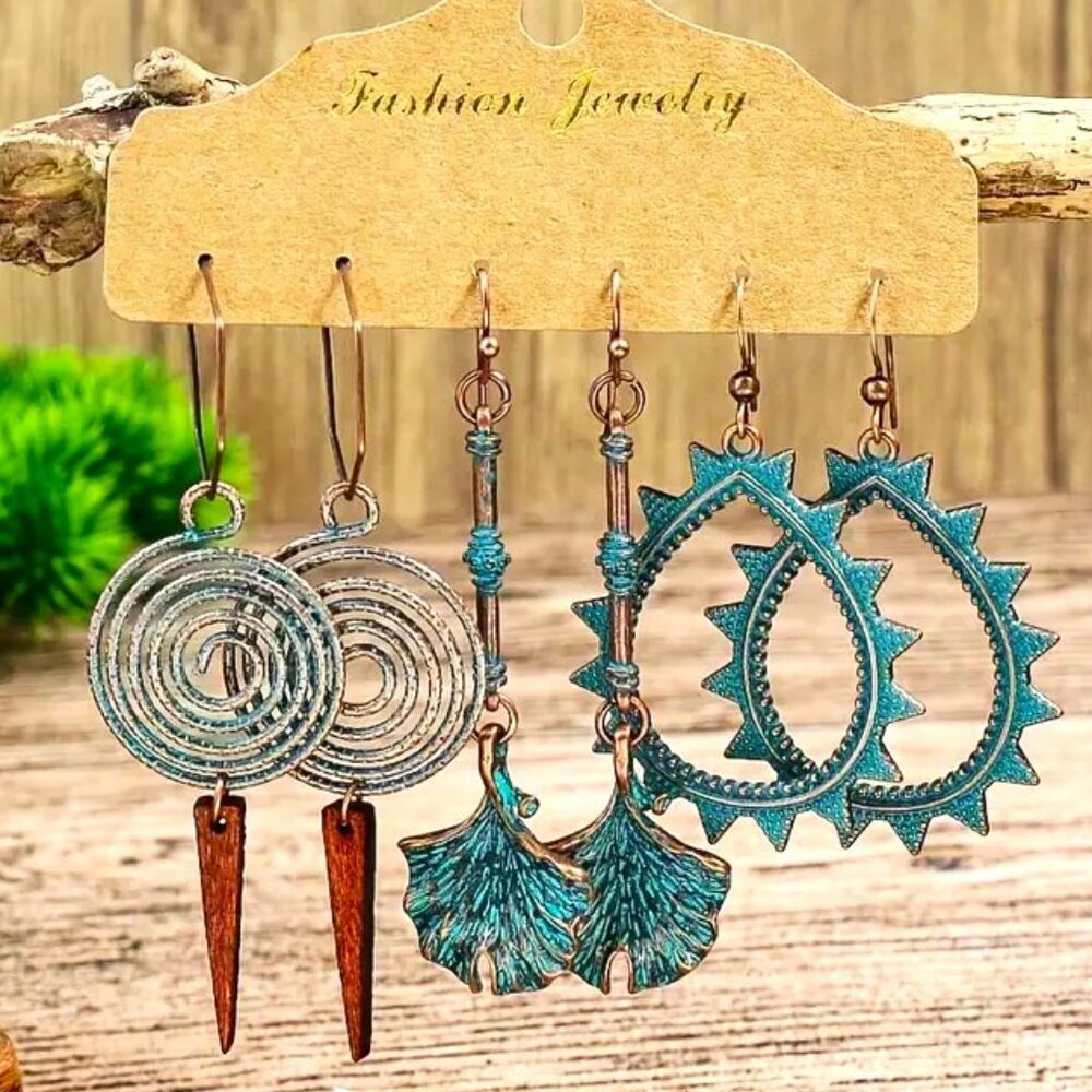 Earrings Bronzed Dangle 3pr Boho Native Southwest Spiral Unique Trendy Stylish